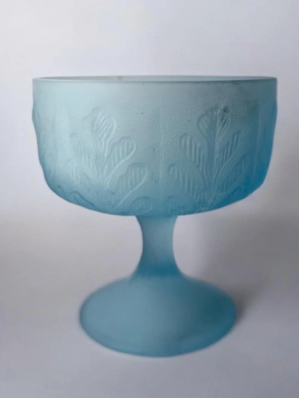 Blue Frosted Glass Compote with Leaf Relief
